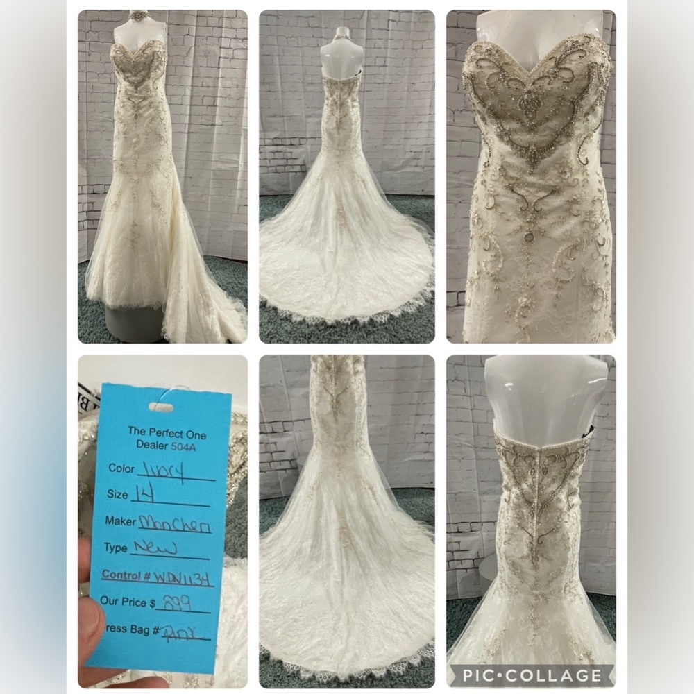 Mon Cheri Ivory Beaded Lace Strapless Mermaid Wedding Dress